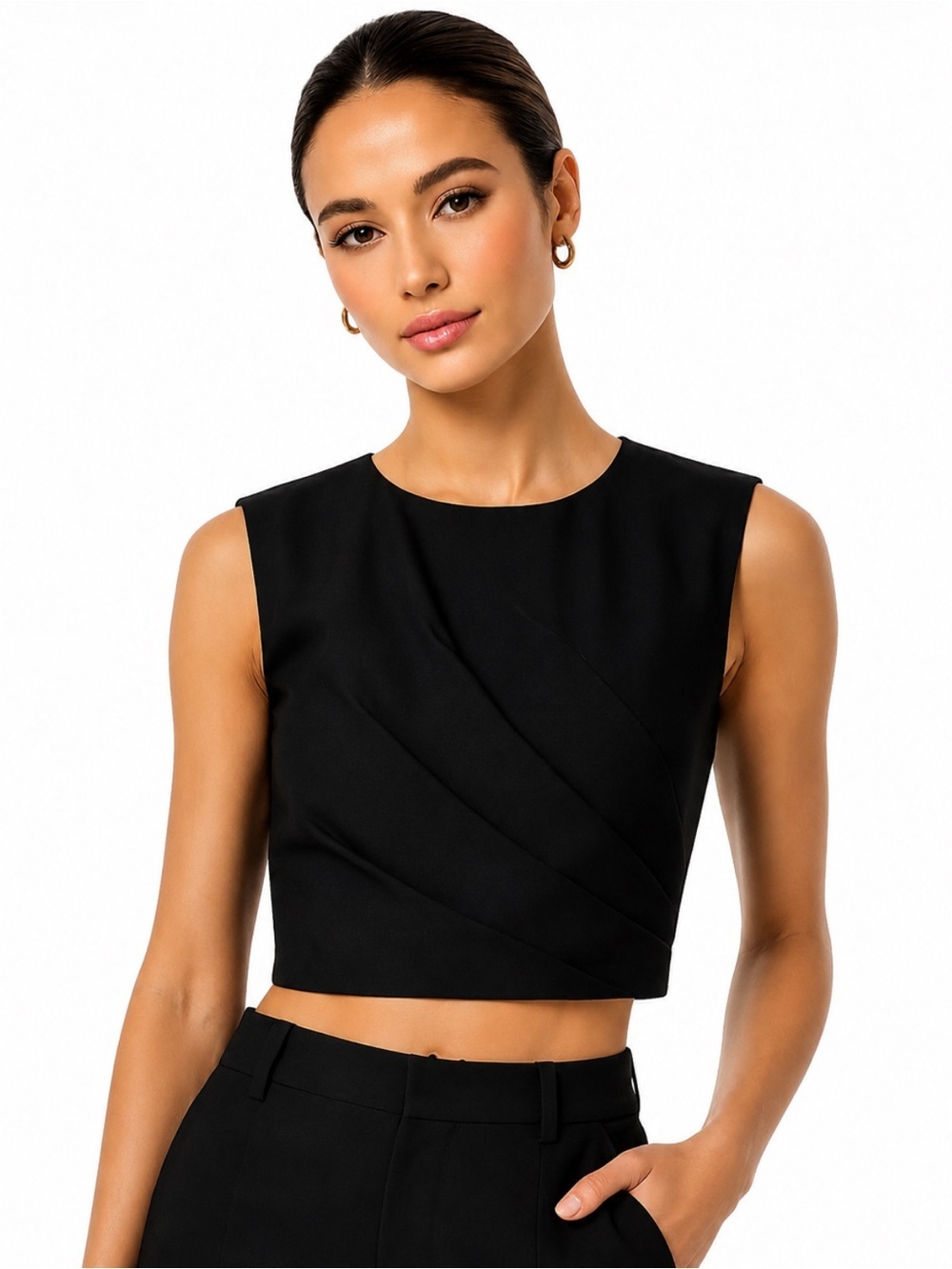 NWT! Alice + Olivia Classics Black Draped Structured Sleeveless Crop Top Size 0